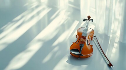 A beautifully crafted violin rests on a reflective surface, surrounded by soft light and gentle...