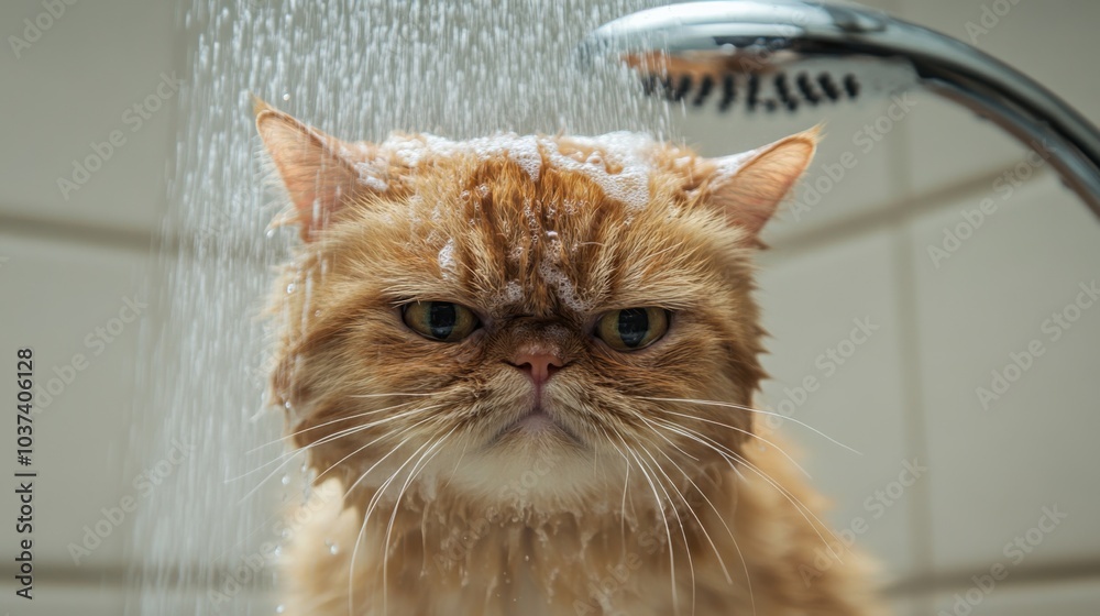 Poster cat in shower with water splashing on its fur