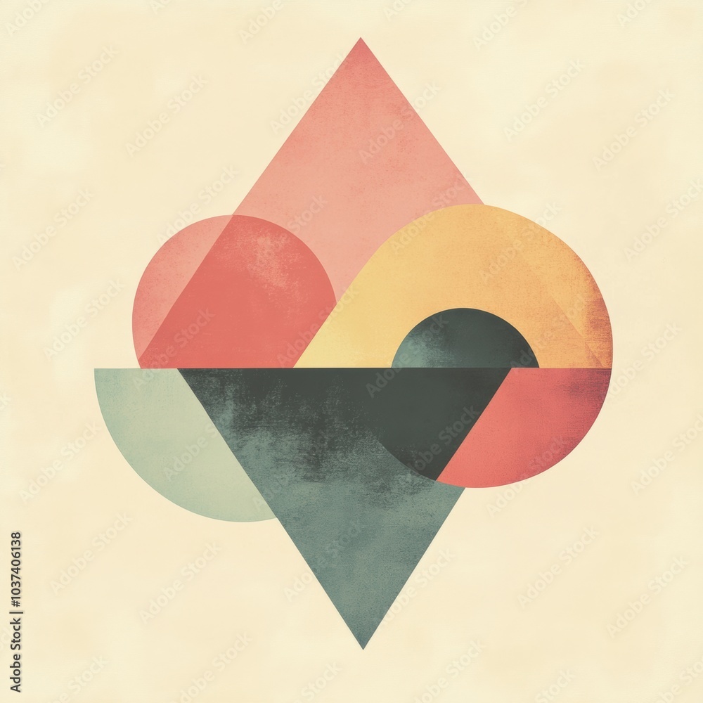 Poster Colorful abstract shapes of circles and triangles are layered on a soft pastel background, creating a harmonious and serene composition. Generative AI