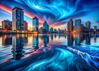 Fototapeta premium Urban Exploration with Blue Waves Aesthetic Capturing the Essence of Water and City Life