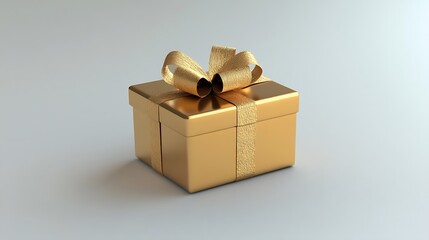 Large gold gift box with a ribbon, slightly tilted on a white background