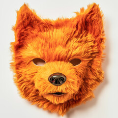 Fluffy half mask of a vibrant red dog displayed against a white background for quadrobics and subculture enthusiasts