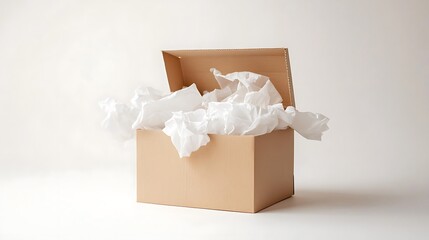 Opened gift box with tissue paper spilling out, sitting on a white background