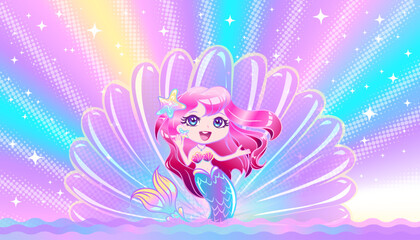 Little mermaid with pink hair and a blue tail sits on a shell against a rainbow background.
