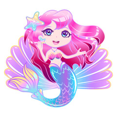 Little mermaid with pink hair and a blue tail sits on a shell.