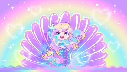 Mermaid with rainbow hair and a blue tail sits on a shell in the sea against the background of a rainbow.