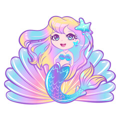 Mermaid with rainbow hair and a blue tail sits on a shell.