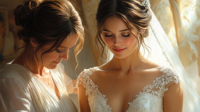 A bride and her mother share a tender moment while preparing for the wedding.