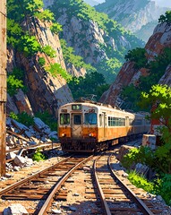 Vintage Train on Crumbling Tracks Amidst Mountains