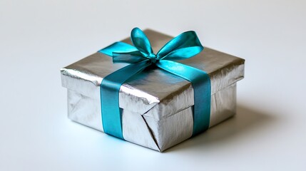 Small square gift box wrapped in silver paper, with a blue ribbon on a white background
