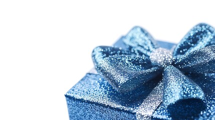 Close-up of a blue gift box with a glittery bow, set against a clean white background