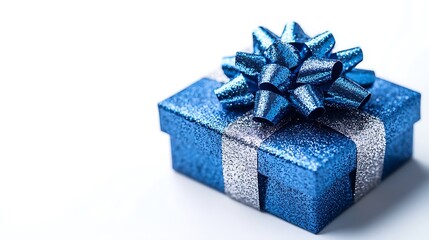 Obraz premium Close-up of a blue gift box with a glittery bow, set against a clean white background
