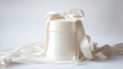 Cylindrical gift box with a ribbon, tilted slightly on a white background