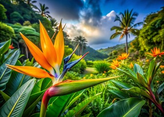 Vibrant Bird of Paradise Flower in Lush Tropical Landscape Photography for Nature Lovers and Garden Enthusiasts
