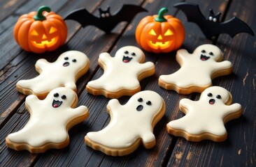 Obraz premium Halloween cookies in the form of pumpkins, ghosts, skeletons, bats on a black wooden table, handmade