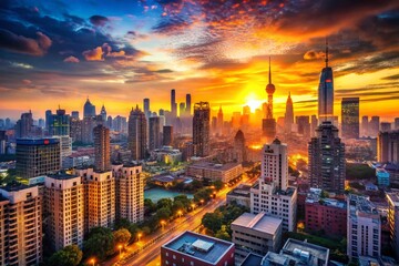 Obraz premium Vibrant City Skyline at Sunset - Aerial View of Urban Landscape with Colorful Skies