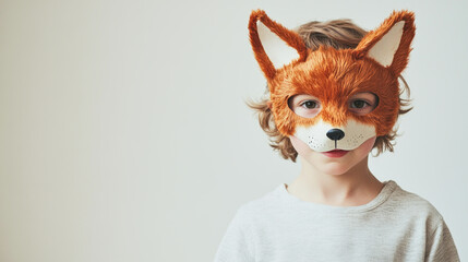 A little boy stands in a studio wearing a half fox mask, showcasing soft lighting and a white background