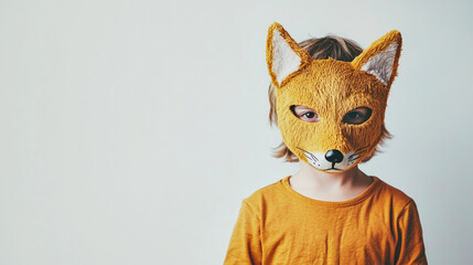 Obraz premium A little boy wearing a half fox-head mask poses in a studio with soft lighting and a clean white background