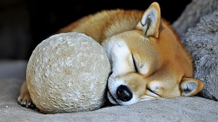 Obraz premium Cosmic Chew Toy: A close-up of the Shiba Inu gnawing on a toy bone, pretending it’s a moon rock. The determination is adorable. 