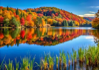 Naklejka premium Vibrant Fall Colors on Lake Bourgeois in Gatineau Park, Quebec, Canada