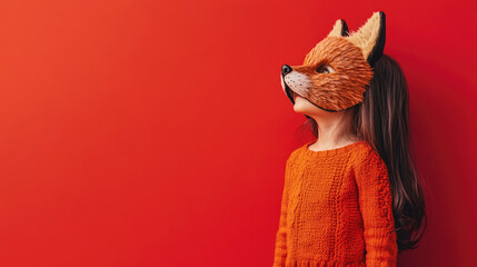 A little girl in a half fox-head mask stands against a bright red background in a playful and creative studio setting