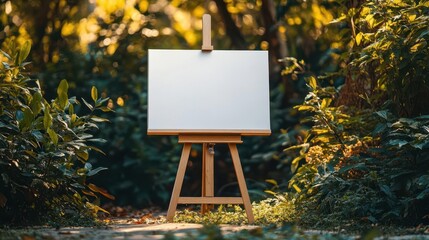 A blank canvas on an easel surrounded by lush greenery, perfect for artistic inspirations in nature.
