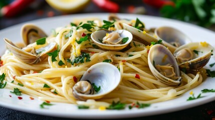 A mouthwatering plate of Italian spaghetti alle vongole, pasta with fresh clams, garlic