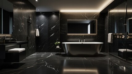 modern bathroom with a sleek, minimalist aesthetic. The walls are adorned with large black marble tiles, creating a dark, dramatic backdrop. A freestanding oval bathtub takes center stage in the space