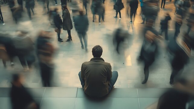 A person sitting alone in a crowded space, with blurred people moving around, symbolizing isolation amidst chaos.