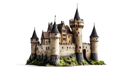 Fototapeta premium Miniature toy castle with towers and walls, set against a clean white background