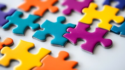 Obraz premium Puzzle pieces scattered randomly on a white background, showing vibrant colors