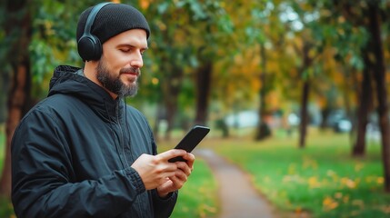Fototapeta premium man keep their phones and watch videos in park, headphones