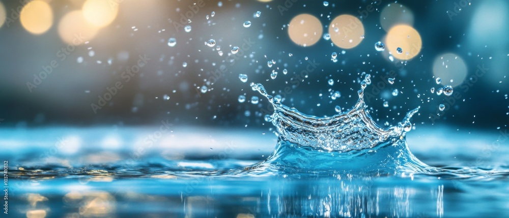 Poster sparkling droplets. a macro view of water splashes on a blue surface