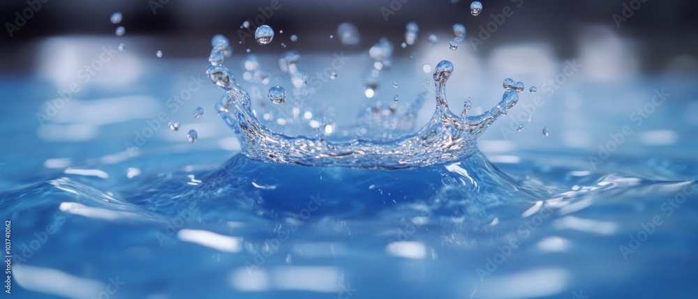 Poster sparkling droplets. a macro view of water splashes on a blue surface
