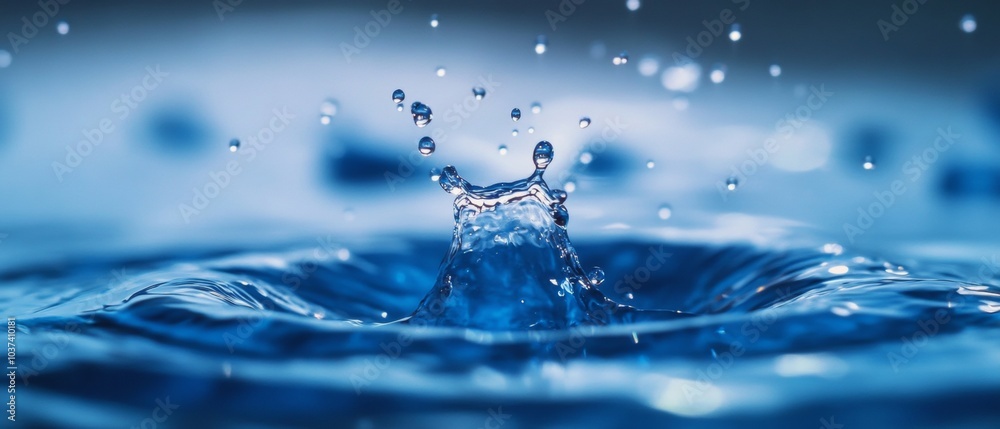 Poster sparkling droplets. a macro view of water splashes on a blue surface