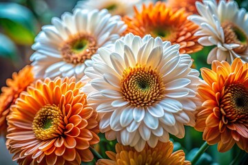 Vibrant Macro Photography of White and Orange Flowers in Nature, Close-Up Beauty, Floral Arrangement, Stunning Details