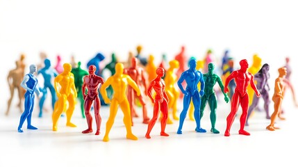 A collection of small plastic figurines posed in action stances, isolated on a white background