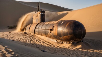 Abandoned Submarine Among Golden Sand Dunes