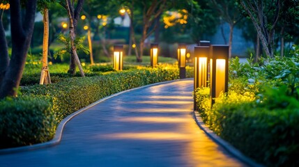Obraz premium Illuminated Path. Modern Outdoor Lights Guiding a Curved Garden Walkway