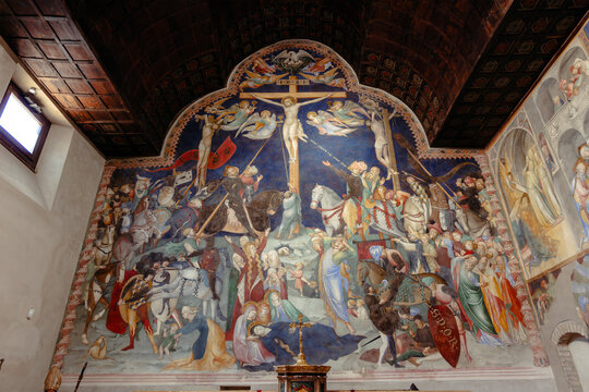 Urbino, Marche, Italy-Jule 04, 2024: Oratory of St John the Baptist, Urbino. Medieval frescoes works by the Salimbeni brothers in the stunning Oratorio di San Giovanni.