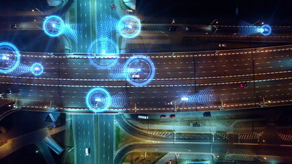 Aerial view of smart cars and transportation of the future. Automated robotic system remotely...