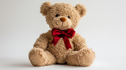 A teddy bear wearing a red bow sitting alone on a white background