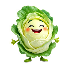 A smiling cartoon character of a green cabbage with large eyes and a happy expression