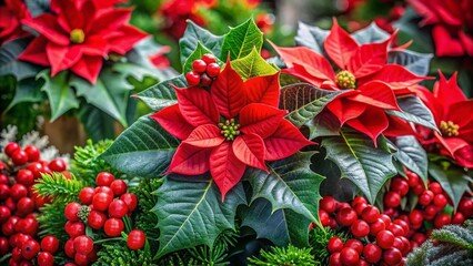 Vibrant Red Poinsettia Flowers with Green Holly Leaves for Holiday Decor