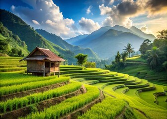Vibrant Terraced Rice Fields with Wooden Hut and Majestic Mountains - Scenic Nature Photography