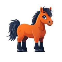 Cartoon pony character with orange body and black mane, white isolated background.