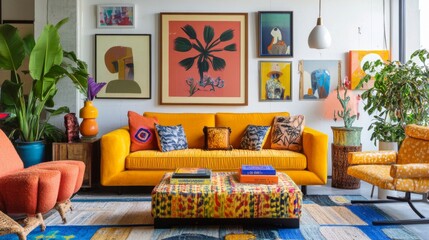 Vibrant Living Room Interior with Colorful Artwork