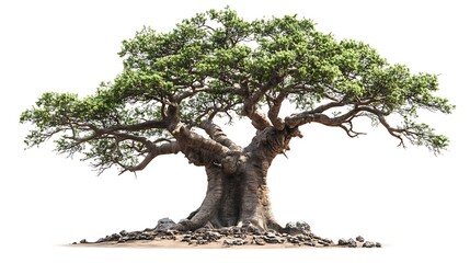 Majestic baobab tree with a thick, short trunk and sparse branches, isolated on a white background