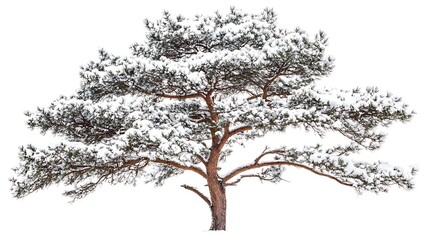 Obraz premium Pine tree with its branches laden with snow, standing against a white background
