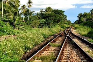 railway train and railroad on track rail is transportation in travel steel of  transport